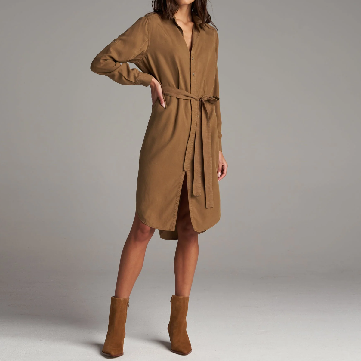 Waist Tie Long Sleeve Shirt Dress